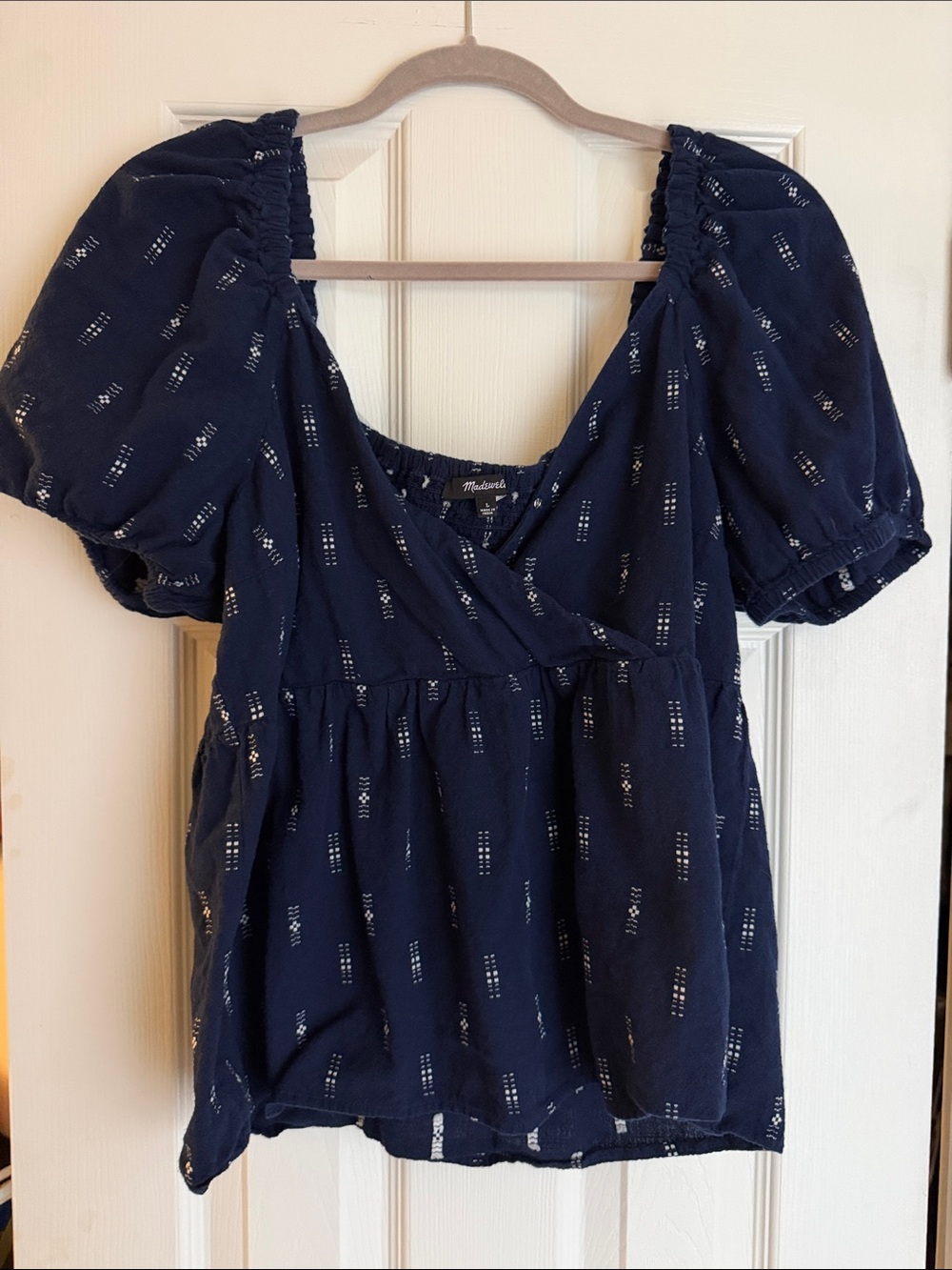 Madewell Navy Puff Sleeve Wrap-Front Blouse